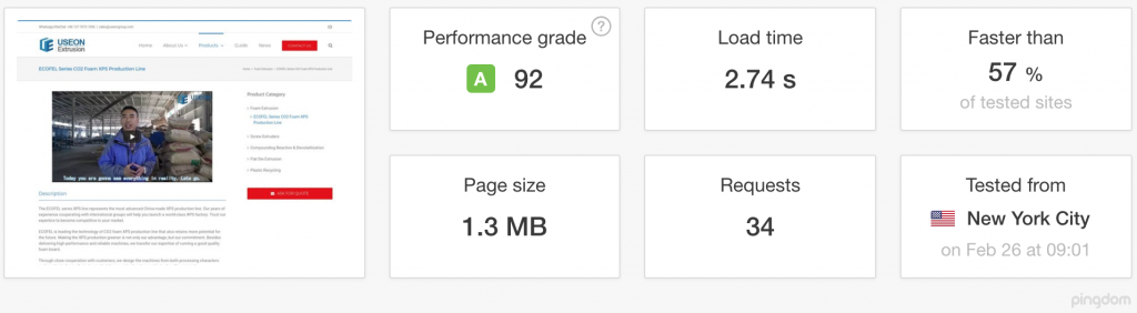 USEON产品页使用WP Fastest Cache和Autopitimize时的Pingdom测试结果